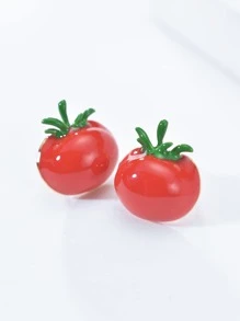 1對喜慶風格紅色櫻桃番茄水果裝飾可愛耳釘 - 紅色 - 查看 3