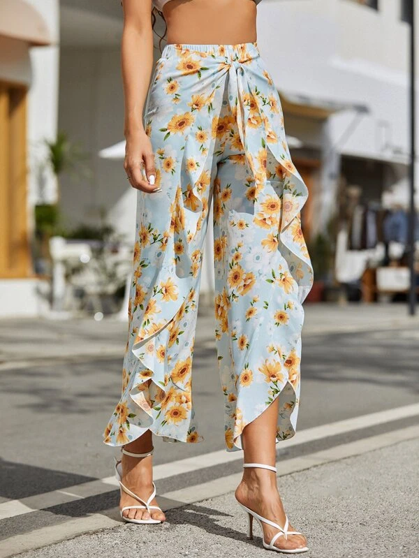 Pantalón de anchos de cintura elástica con estampado floral bohemio casual de yoga para mujer Celeste Pantalón de anchos de cintura elástica con estampado floral bohemio casual de yoga para mujer Celeste
