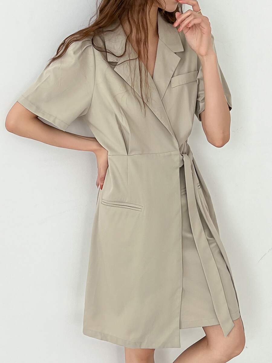 DAZY Lapel Neck Knot Side Pocket Front Dress Sundress - Khaki - View 1