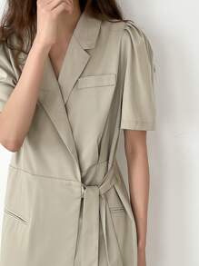 DAZY Lapel Neck Knot Side Pocket Front Dress Sundress - Khaki - View 7