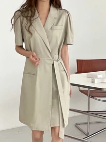 DAZY Lapel Neck Knot Side Pocket Front Dress Sundress - Khaki - View 8