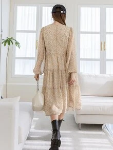 DAZY 碎花繫帶領燈籠袖荷葉邊連衣裙 - 彩色 - 查看 2