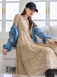 DAZY 碎花繫帶領燈籠袖荷葉邊連衣裙 - 彩色 - 查看 7