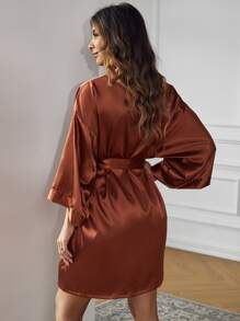 Bata de satén con cinturón y hombros caídos, lujosa ropa de estar en casa, cálida y elegante, para otoño e invierno - Óxido marrón - Ver 2