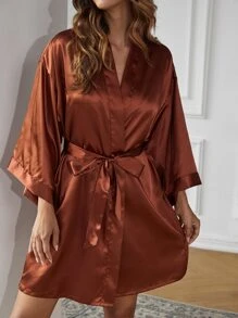 Bata de satén con cinturón y hombros caídos, lujosa ropa de estar en casa, cálida y elegante, para otoño e invierno - Óxido marrón - Ver 3