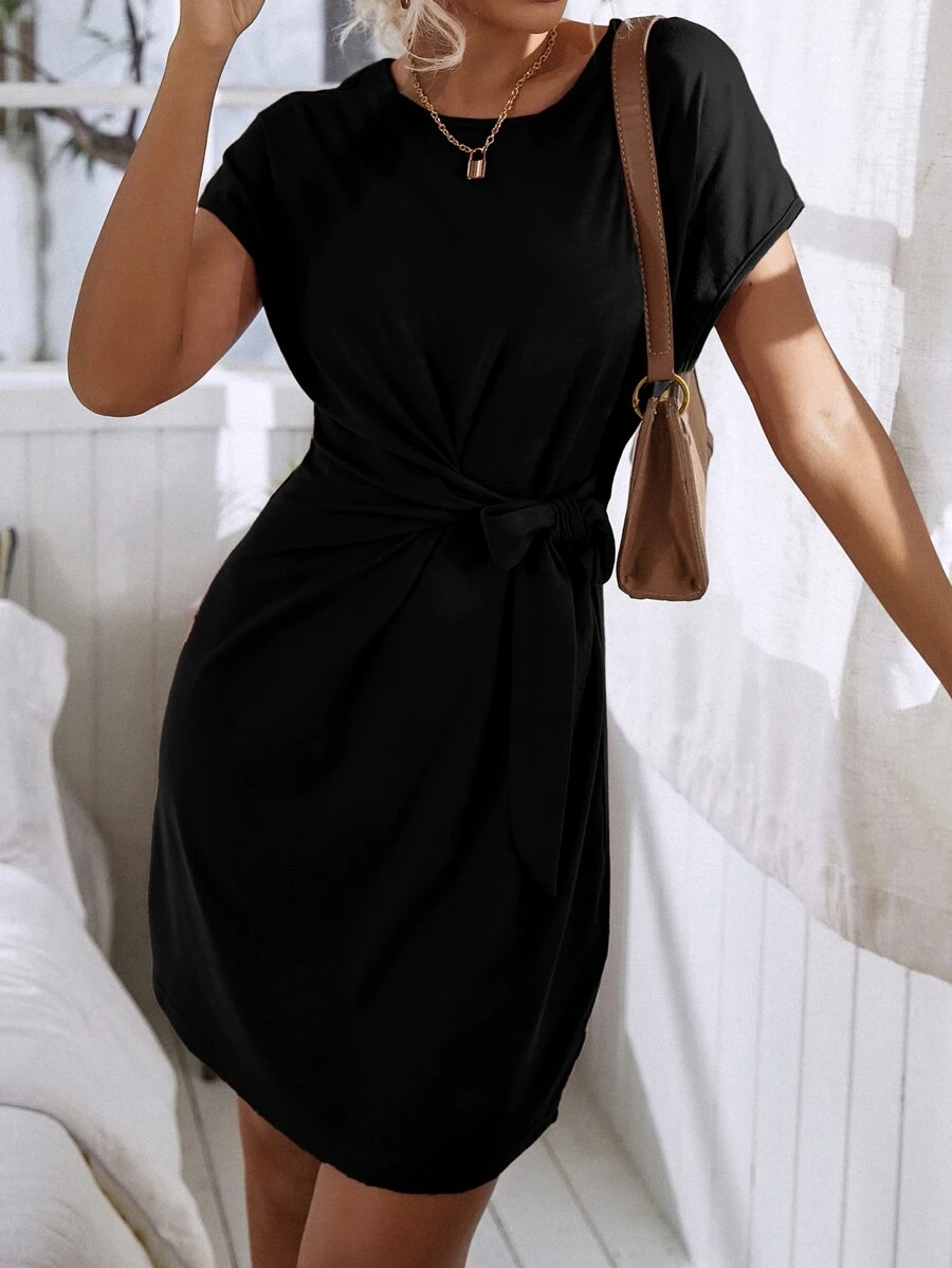 SHEIN LUNE Knot Side Solid Batwing Sleeve Dress - Black - View 1