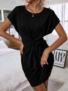 SHEIN LUNE Knot Side Solid Batwing Sleeve Dress - Black - View 5