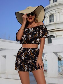 Floral Print Off The Shoulder Blouse & Shorts - Multicolor - View 6