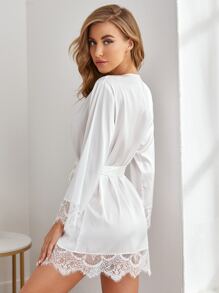 Eyelash Lace Trim Self Belted Satin Night Robe Luxeloungewear, Fall - White - View 2