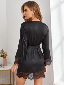 SHEIN Eyelash Lace Trim Self Belted Satin Belted Night Robe Luxeloungewear, Fall & Winter Cozy And Elegant - Black - View 2