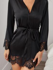 SHEIN Eyelash Lace Trim Self Belted Satin Belted Night Robe Luxeloungewear, Fall & Winter Cozy And Elegant - Black - View 3