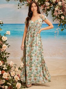 SHEIN Belle Cold Shoulder Allover Floral Print A-Line Ruched Bridesmaid Dress - Multicolor - View 1
