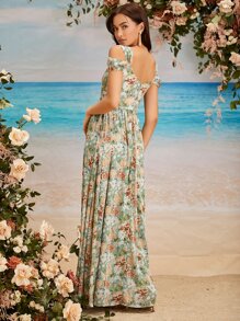SHEIN Belle Cold Shoulder Allover Floral Print A-Line Ruched Bridesmaid Dress - Multicolor - View 2