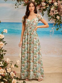 SHEIN Belle Cold Shoulder Allover Floral Print A-Line Ruched Bridesmaid Dress - Multicolor - View 4