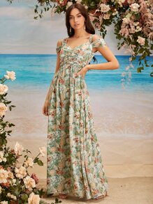 SHEIN Belle Cold Shoulder Allover Floral Print A-Line Ruched Bridesmaid Dress - Multicolor - View 5