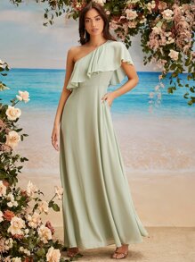 SHEIN Belle 單肩荷葉邊細節雪紡伴娘連衣裙 - 薄荷綠 - 查看 2