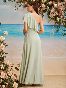 SHEIN Belle 單肩荷葉邊細節雪紡伴娘連衣裙 - 薄荷綠 - 查看 3