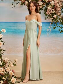 SHEIN Belle Cold Shoulder Split Thigh Bridesmaid Dress - Mint Green - View 5