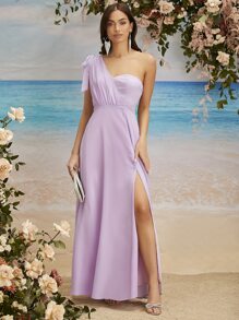 SHEIN Belle Split Thigh One Shoulder Bridesmaid Dress - Lilac Purple - View 3