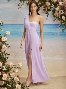 SHEIN Belle Split Thigh One Shoulder Bridesmaid Dress - Lilac Purple - View 4