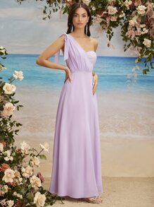 SHEIN Belle Split Thigh One Shoulder Bridesmaid Dress - Lilac Purple - View 6