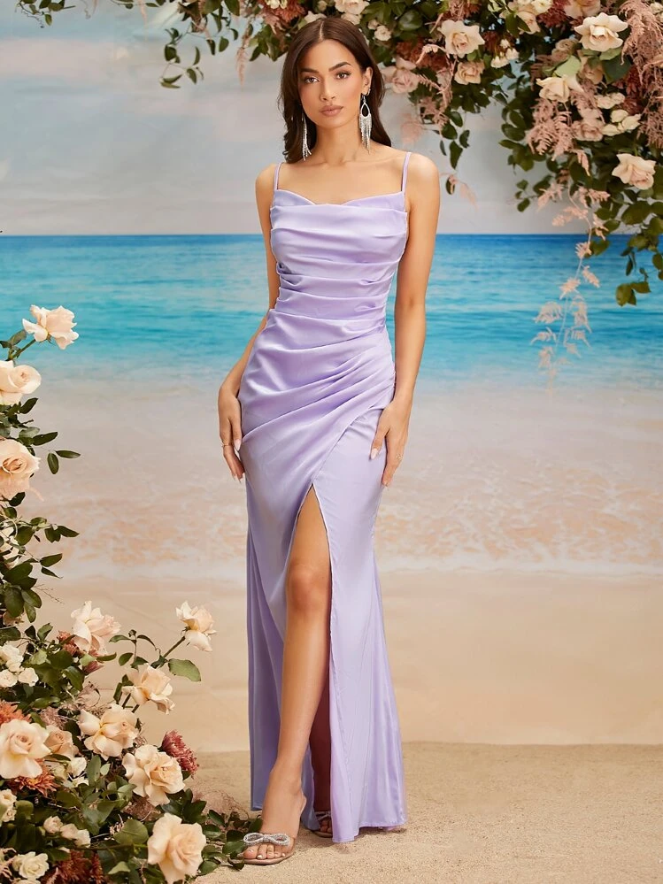 SHEIN Belle Vestido de dama de honor con drapeado fruncido y abertura en el muslo, vestido elegante - Lila Púrpura - Añade 5