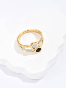 时尚个性不锈钢双黑白贝壳水钻戒指 1 适合女士日常佩戴 - 金黃色 - 查看 2