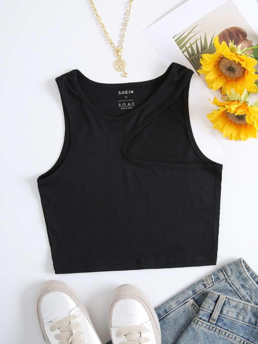 SHEIN EZwear Áo hai dây Cắt ra Gân đan màu trơn Giải trí - màu đen - Xem 1