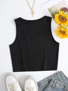 SHEIN EZwear Áo hai dây Cắt ra Gân đan màu trơn Giải trí - màu đen - Xem 2