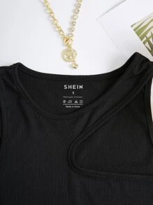 SHEIN EZwear Áo hai dây Cắt ra Gân đan màu trơn Giải trí - màu đen - Xem 5