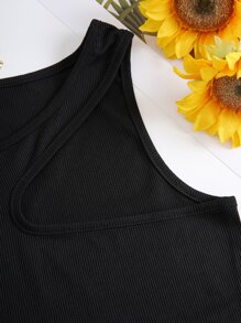 SHEIN EZwear Áo hai dây Cắt ra Gân đan màu trơn Giải trí - màu đen - Xem 6