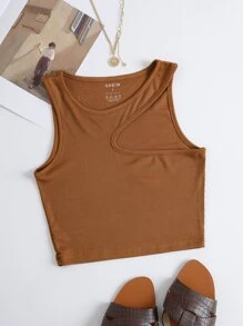 SHEIN EZwear Áo hai dây Cắt ra Gân đan màu trơn Giải trí - màu nâu - Xem 1