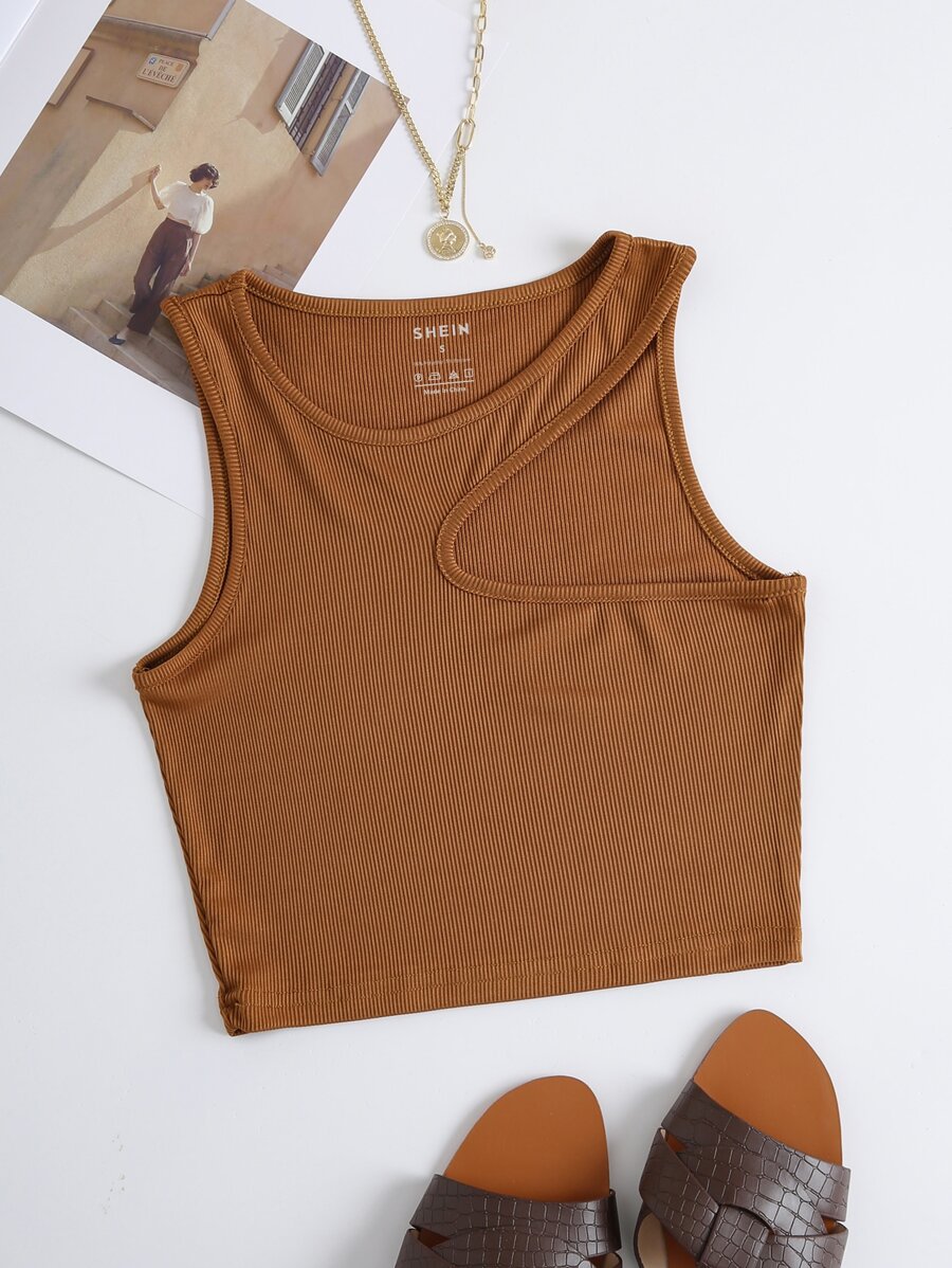 SHEIN EZwear Áo hai dây Cắt ra Gân đan màu trơn Giải trí - màu nâu - Xem 1