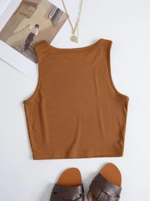 SHEIN EZwear Áo hai dây Cắt ra Gân đan màu trơn Giải trí - màu nâu - Xem 2