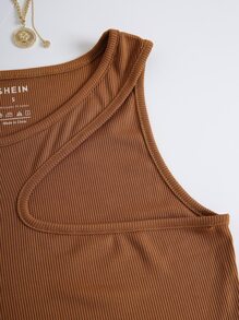 SHEIN EZwear Áo hai dây Cắt ra Gân đan màu trơn Giải trí - màu nâu - Xem 4