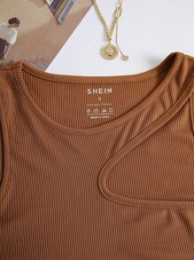 SHEIN EZwear Áo hai dây Cắt ra Gân đan màu trơn Giải trí - màu nâu - Xem 5