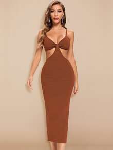 Ruched Bust Cutout Backless Cami Dress - Brown - View 1