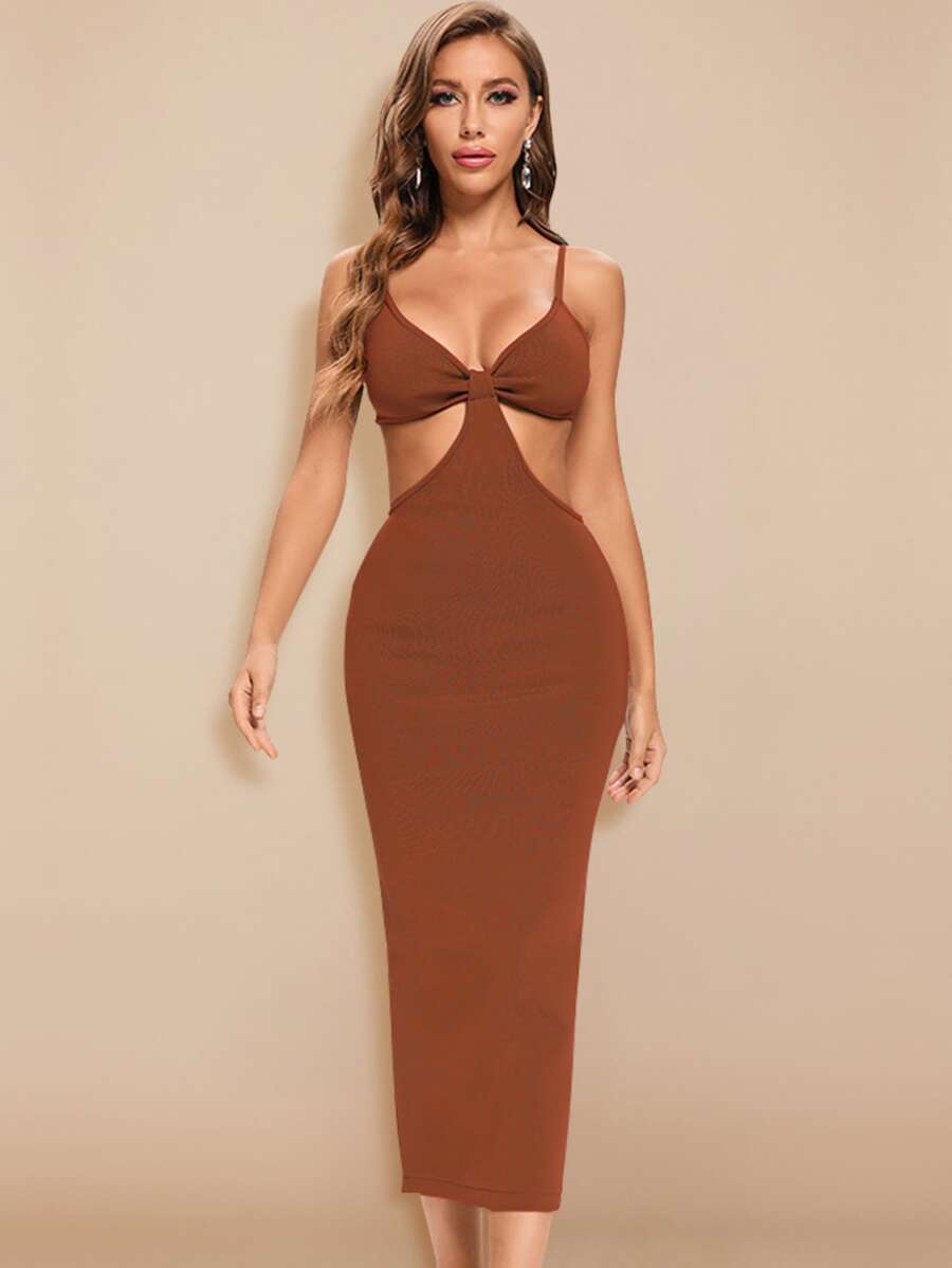 Ruched Bust Cutout Backless Cami Dress - Brown - View 1