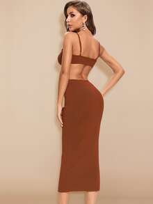 Ruched Bust Cutout Backless Cami Dress - Brown - View 2
