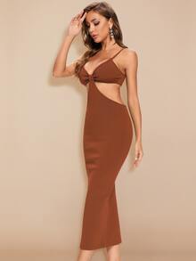 Ruched Bust Cutout Backless Cami Dress - Brown - View 3