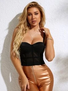 透視網紗緊身上衣腰封吊帶上衣 - 黑色 - 查看 6