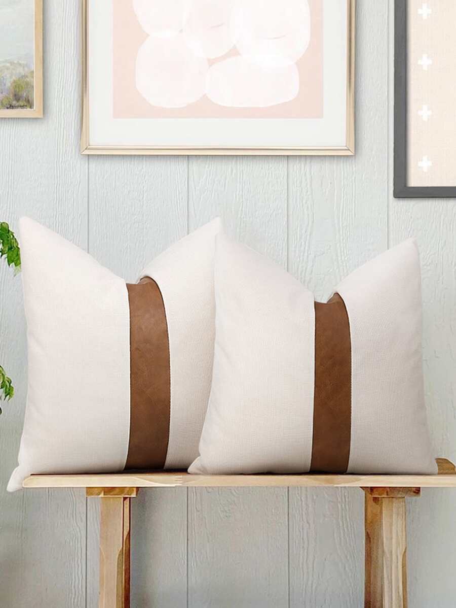 Vỏ gối tối giản bằng vải canvas PU màu khối vá, không có ruột gối - trắng - Xem 1