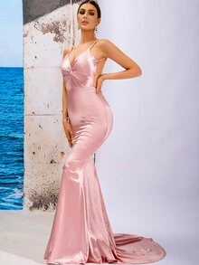 LOVE&LEMONADE 露背前扭結魚尾裙下擺緞面吊帶洋裝 - 藕粉色 - 查看 4