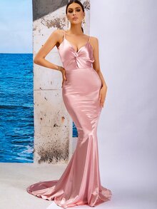 LOVE&LEMONADE 露背前扭結魚尾裙下擺緞面吊帶洋裝 - 藕粉色 - 查看 6
