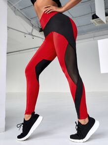 Yoga Trendy Tri-Panel Yoga Leggings Wide Waistband Athletic Tights With Mesh Insert