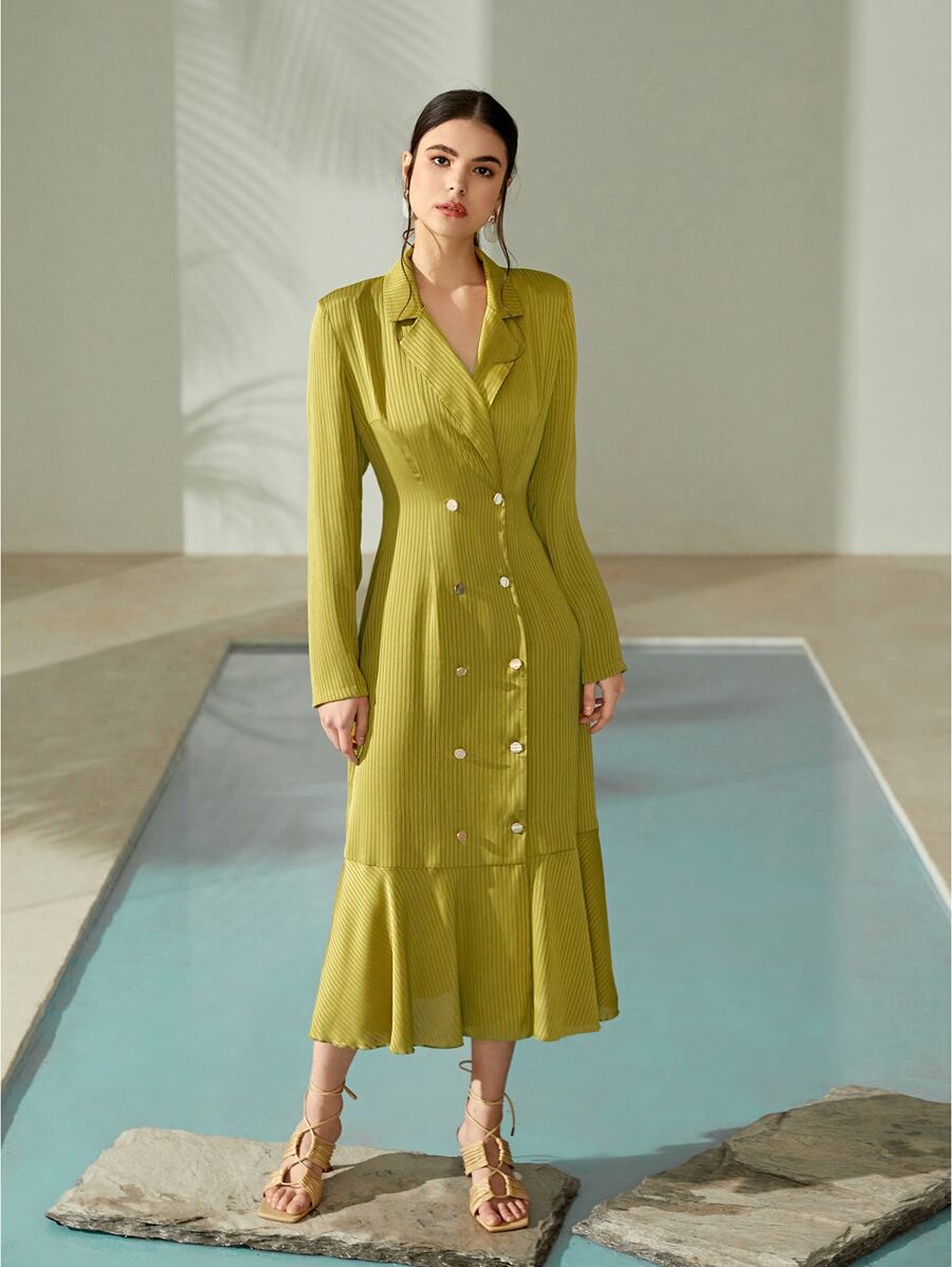 Modelyn Lapel Neck Double Breasted Ruffle Hem Dress - Olive Green - View 1