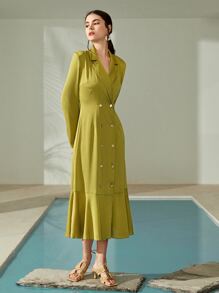 Modelyn Lapel Neck Double Breasted Ruffle Hem Dress - Olive Green - View 5