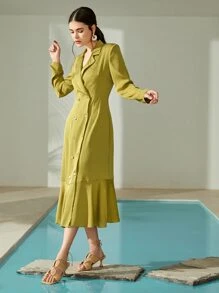 Modelyn Lapel Neck Double Breasted Ruffle Hem Dress - Olive Green - View 6