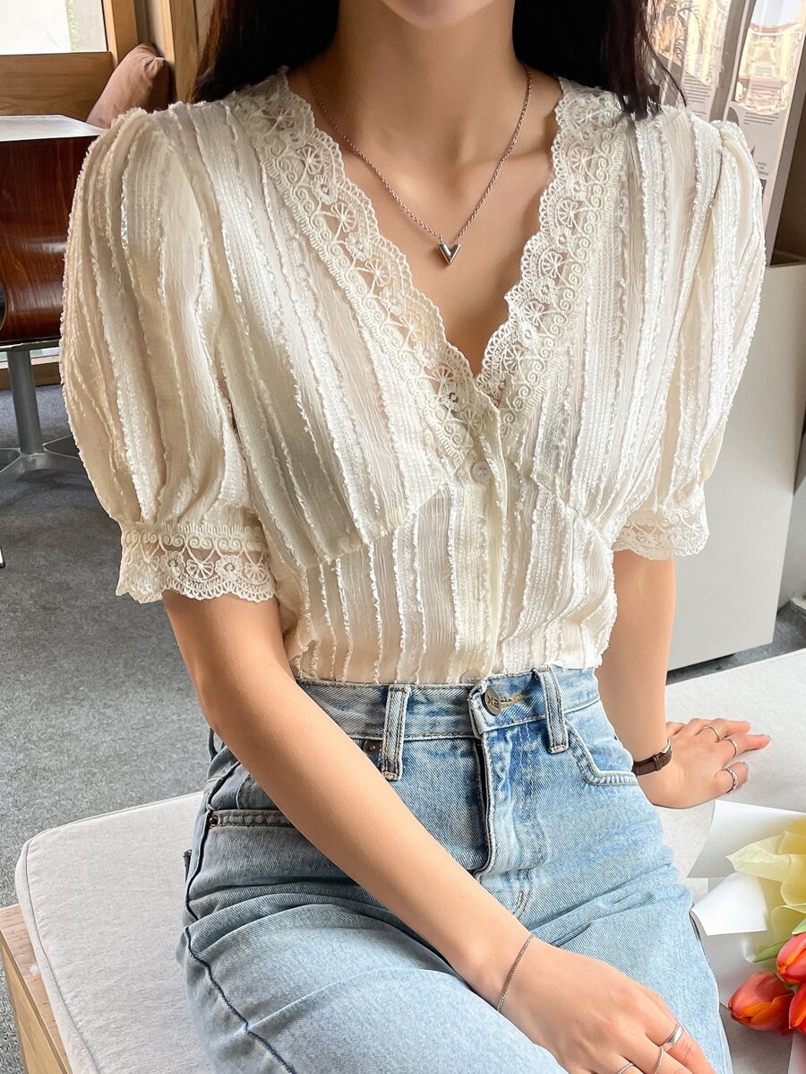 DAZY Contrast Lace V-neck Puff Sleeve Blouse - Beige - View 1