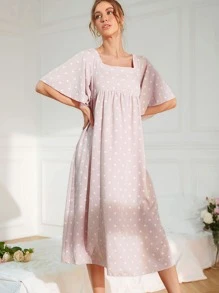Mulvari Allover Heart Print Square Neck Butterfly Sleeve Dress - Baby Pink - View 1